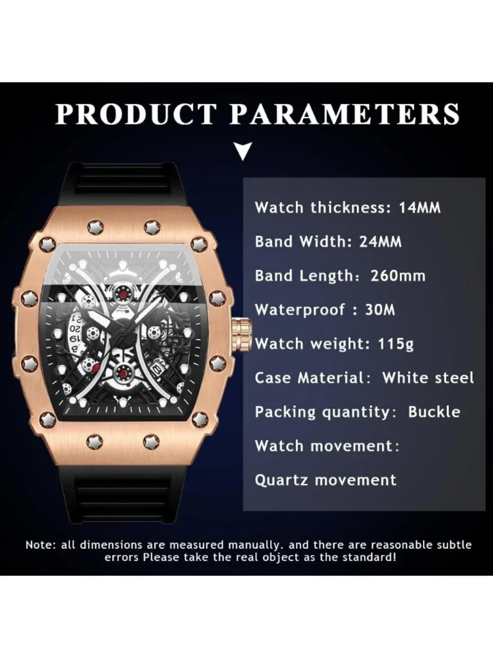 Men's Black Rose Gold Analog Silicone Strap Barrel-Shaped Skeleton Luxury Watch